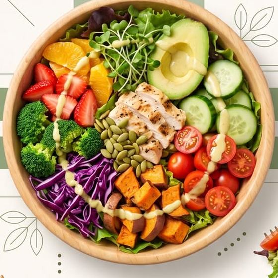 Summer Glow Salad: chicken, roasted sweet potato, strawberries, avocado and pumpkin seeds in a wooden bowl